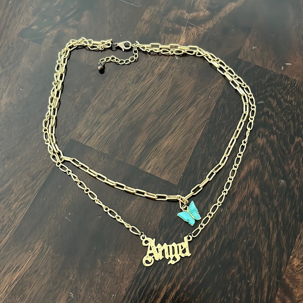 blue butterfly gold angel layered necklace